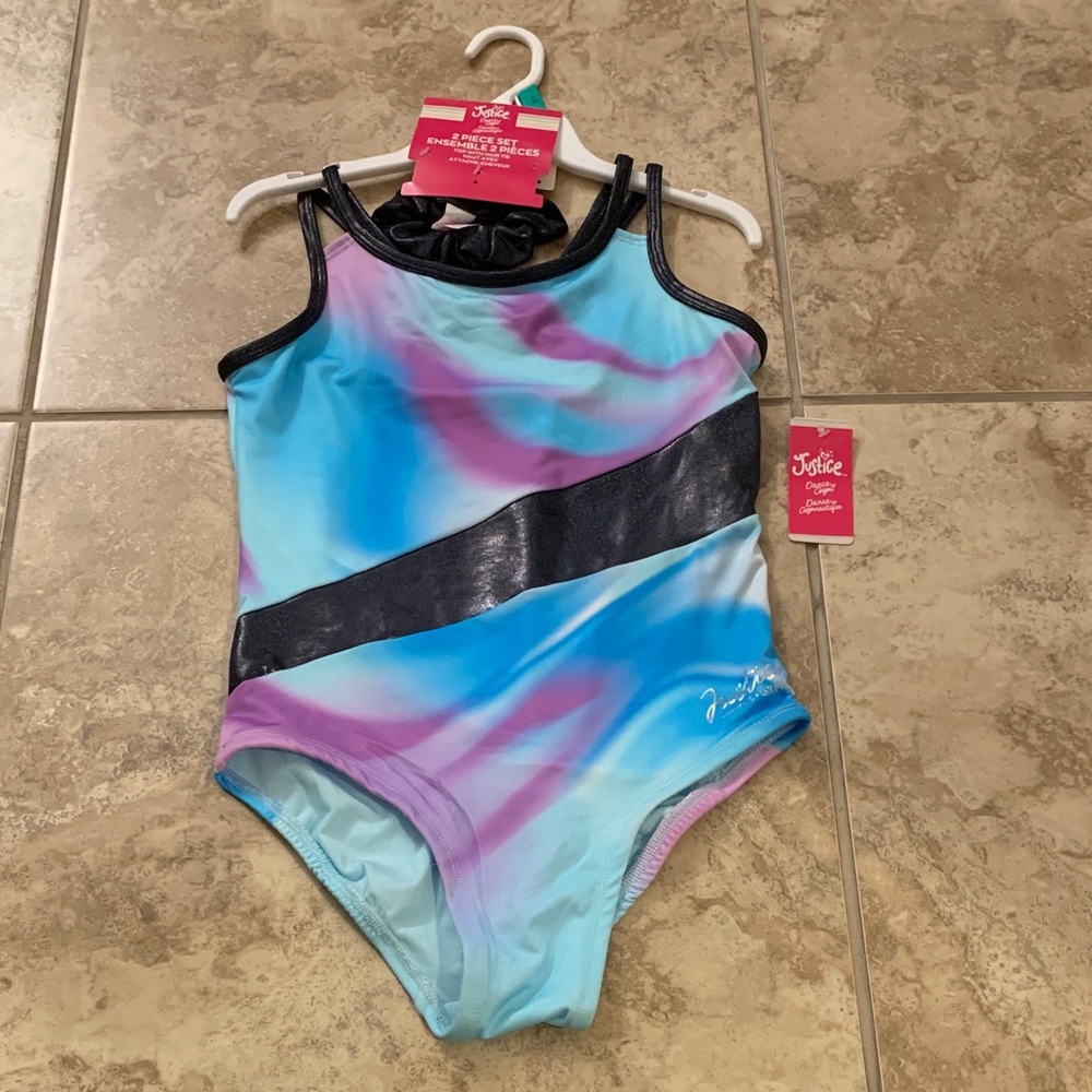 Justice Girls Dance Gymnastics Blue and Purple Bodysuit LG 12/14 NEW scrunchie